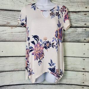 Daytrip Women’s Cream Floral Print Short Sleeve Keyhole Top Size XS